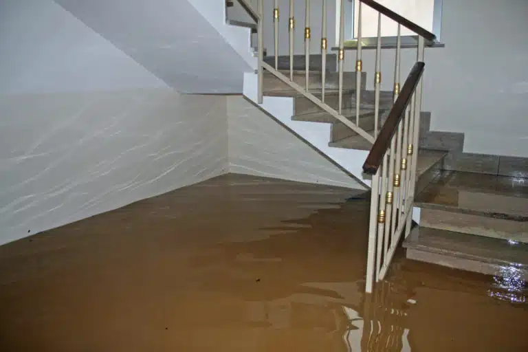 Flood water covering the floor at the bottom of a staircase