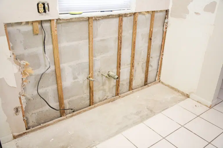 Wall with wet drywall removed down to the studs