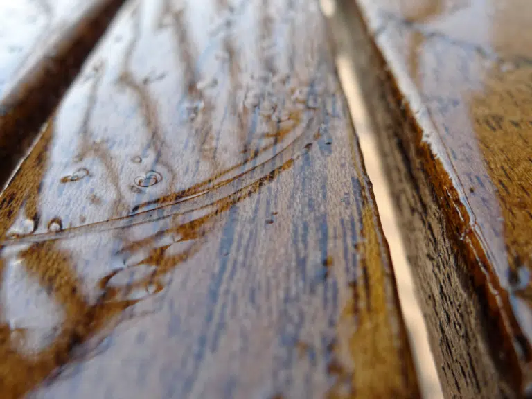 Water pooled on the boards of a hardwood floor