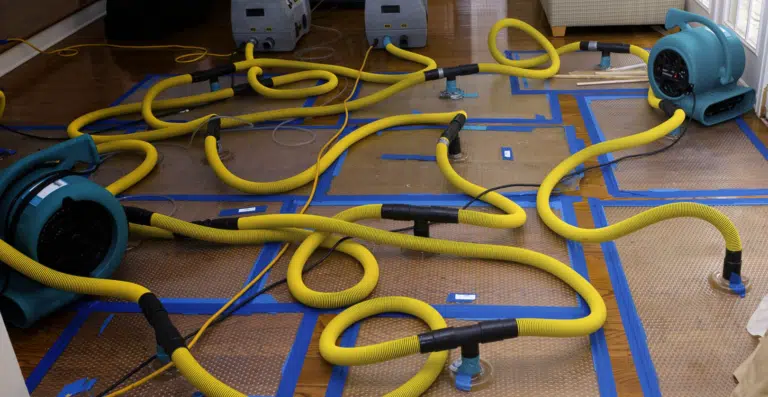 Air movers placed across a floor during structural drying