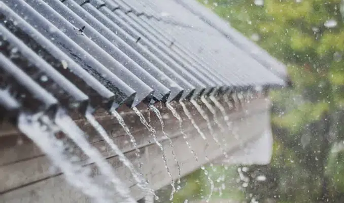 Rain pouring off the edge of a roof